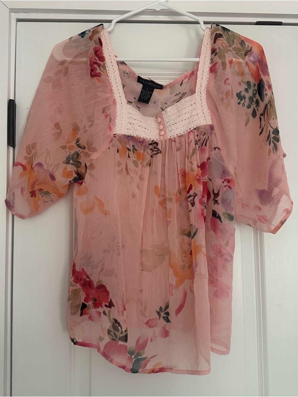 Pink Floral Sheer Peasant Top with Multicolor Blooms